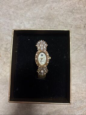 Gold Crystal Floral Bracelet Watch - White Diamonds